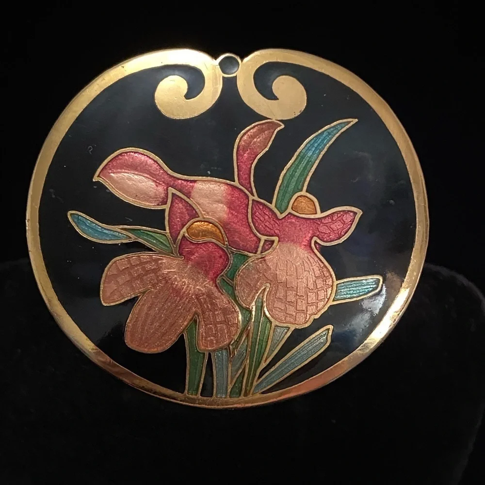 🩷 Cloisonne Belt Buckle ~ Floral Design ~ Black Enamel with Orchids